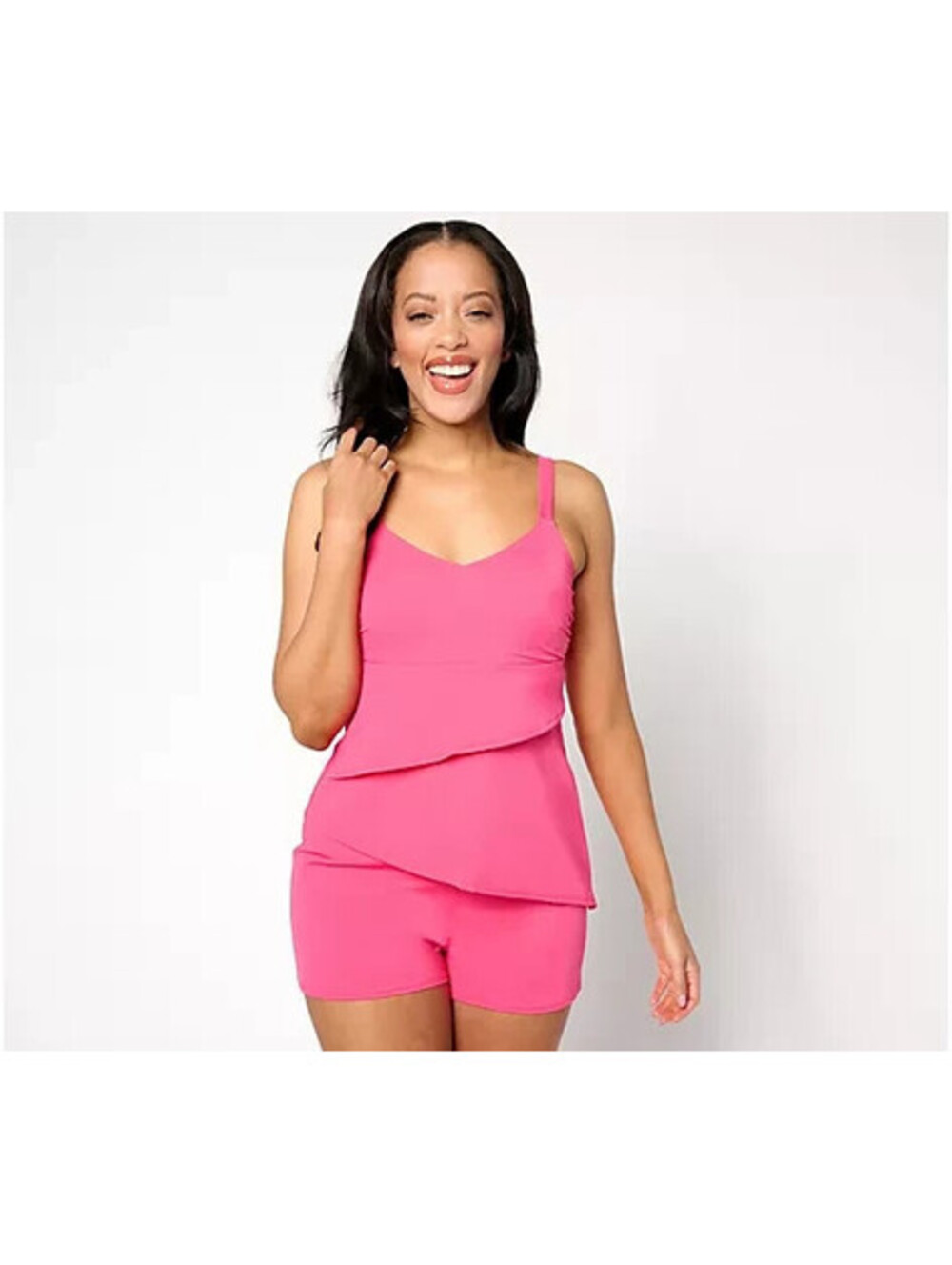 Denim & Co. Beach Asymmetrical Tankini with Swim Shorts Pink Flash,Plus 20